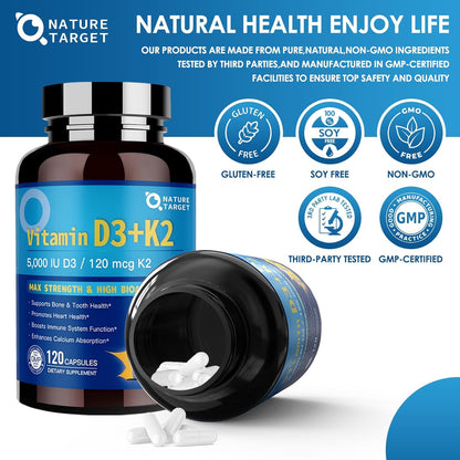 NATURE TARGET Vitamin D3 K2 with Ca & Mg & Omega-3s- 6-in-1 Complex - 5000 IU Vitamin D3, 120 mcg K2, Max Strength Bone,Heart,Immune - 120 Servings