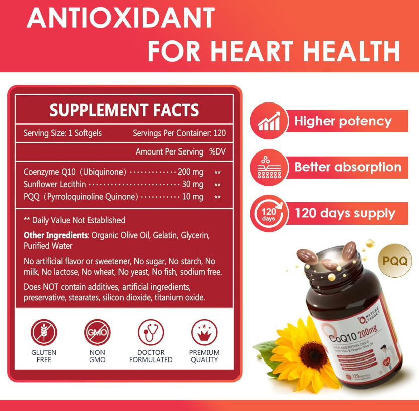 Nature Target CoQ10-200mg+PQQ Softgels, Olive Oil, High Absorption, Antioxidant for Heart Health , Immune & Energy - 120 Servings
