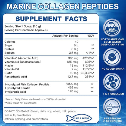 ZEBORA Marine Collagen: Wild Fish Collagen (I,III)+Keratin+MV+HA+Niacin+VC+Bio+18A – Anti-Aging,Skin/Hair/Nails/Jt/Bone/Imm/Energy – 35 Servings