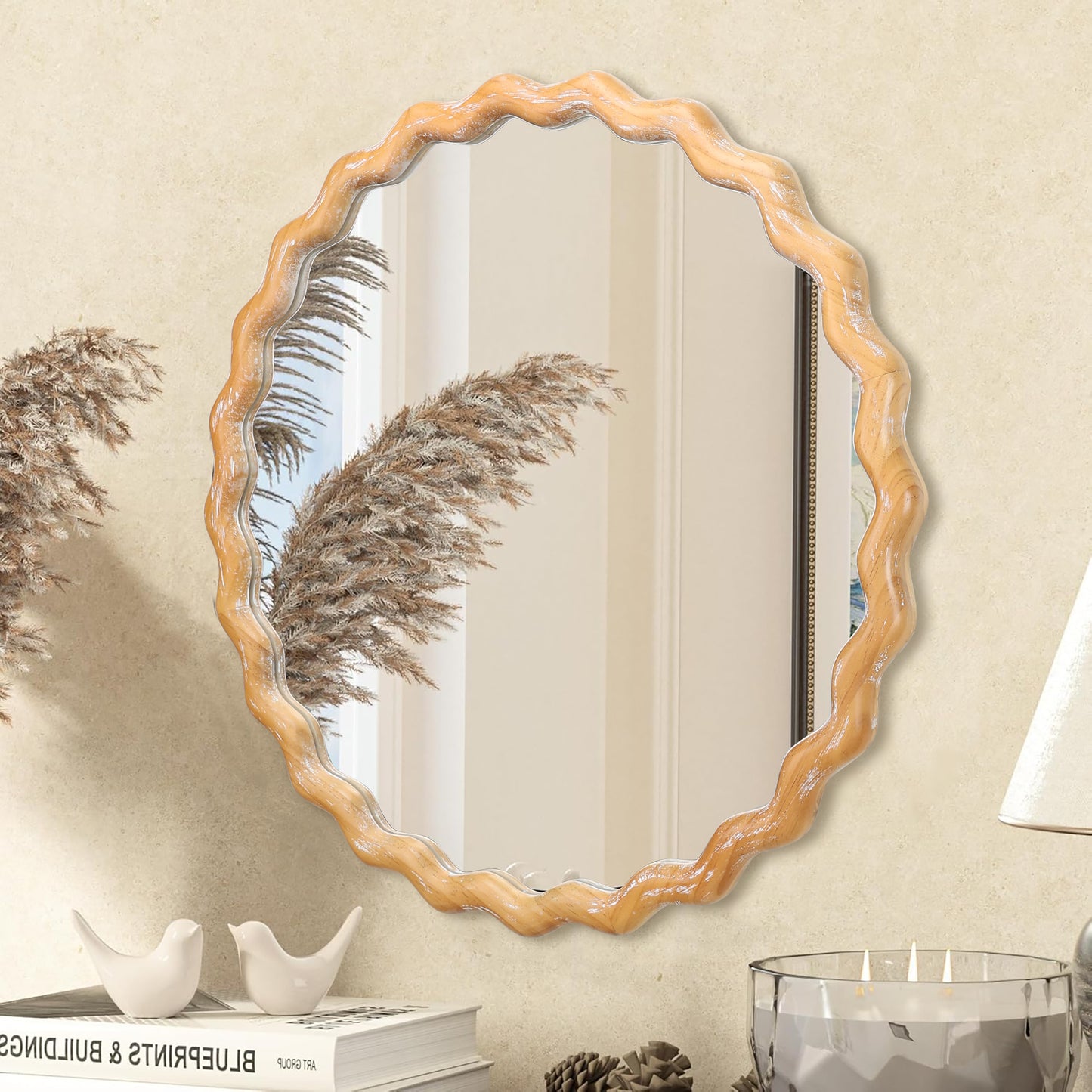 27.5" Round Wavy Bathroom Wall Mirror with Whitewash Edge, Wooden Farmhouse Circle Vanity Mirror - PAIHOME
