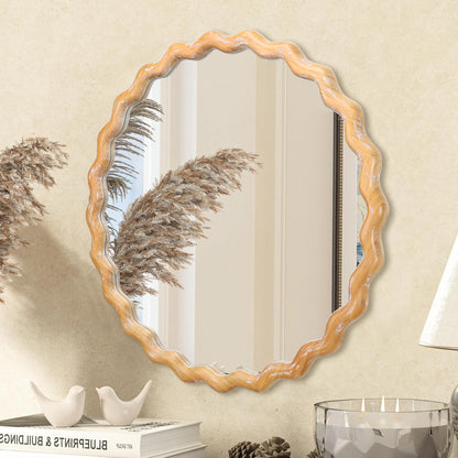 27.5" Round Wavy Bathroom Wall Mirror with Whitewash Edge, Wooden Farmhouse Circle Vanity Mirror - PAIHOME