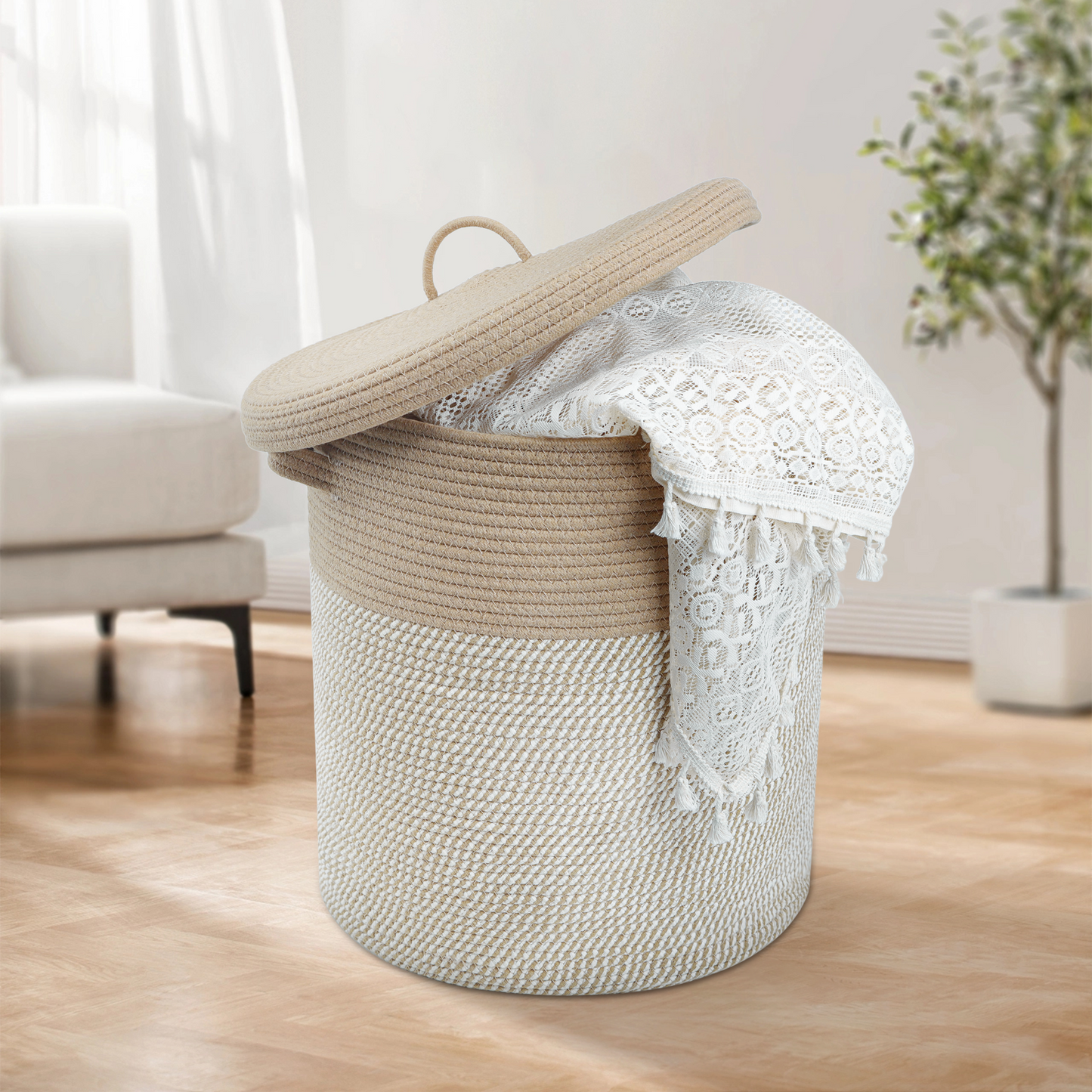 Woven Cotton Rope Storage Basket with Lid - Large Versatile Woven Hamper for Laundry, Blankets, Toys, and Home Organization