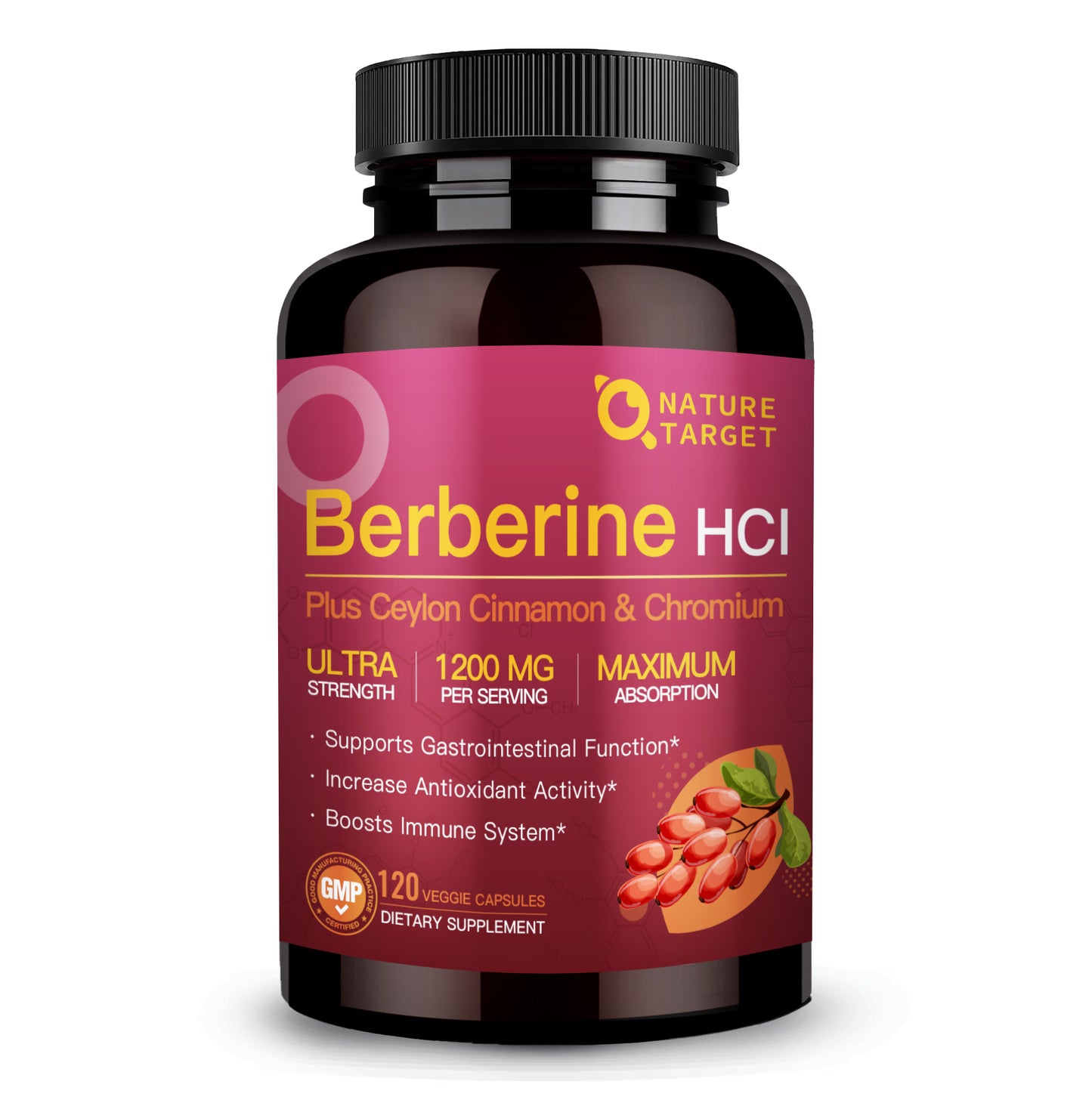 NATURE TARGET Berberine HCl 1200mg: + Ceylon Cinnamon, Chromium – Supports Immune, GI & Digest Hlth, Non-GMO – 120 Caps