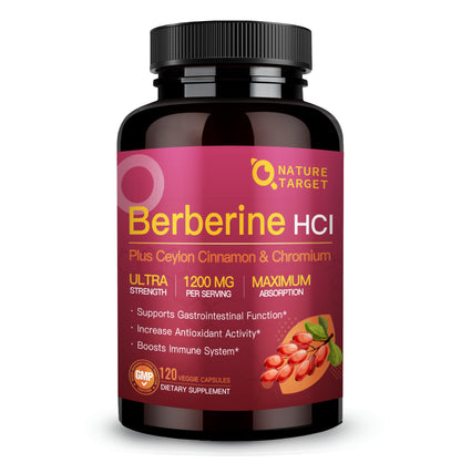 NATURE TARGET Berberine HCl 1200mg: + Ceylon Cinnamon, Chromium – Supports Immune, GI & Digest Hlth, Non-GMO – 120 Caps