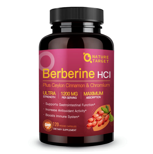 NATURE TARGET Berberine HCl 1200mg: + Ceylon Cinnamon, Chromium – Supports Immune, GI & Digest Hlth, Non-GMO – 120 Caps