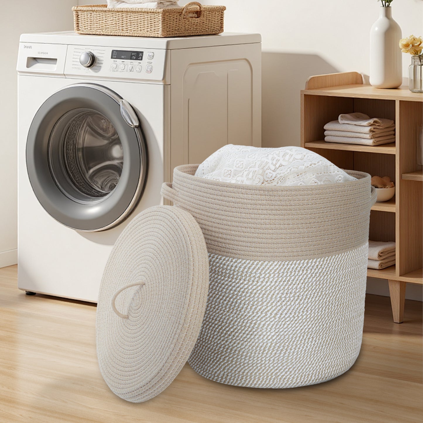Woven Cotton Rope Storage Basket with Lid - Large Versatile Woven Hamper for Laundry, Blankets, Toys, and Home Organization