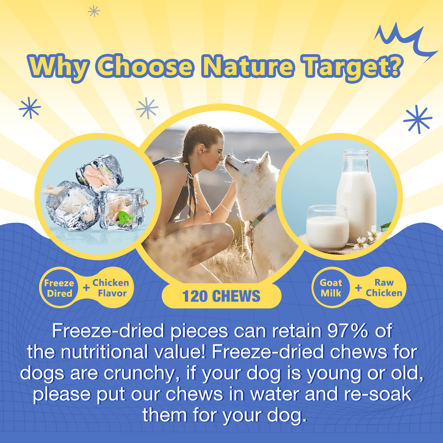 NATURE TARGET Dog Multivitamins with Minerals, Probiotics, Glucosamine, Enzymes for Immune, Digestive, Joint, Hip, Skin & Coat Health - 120 Chews