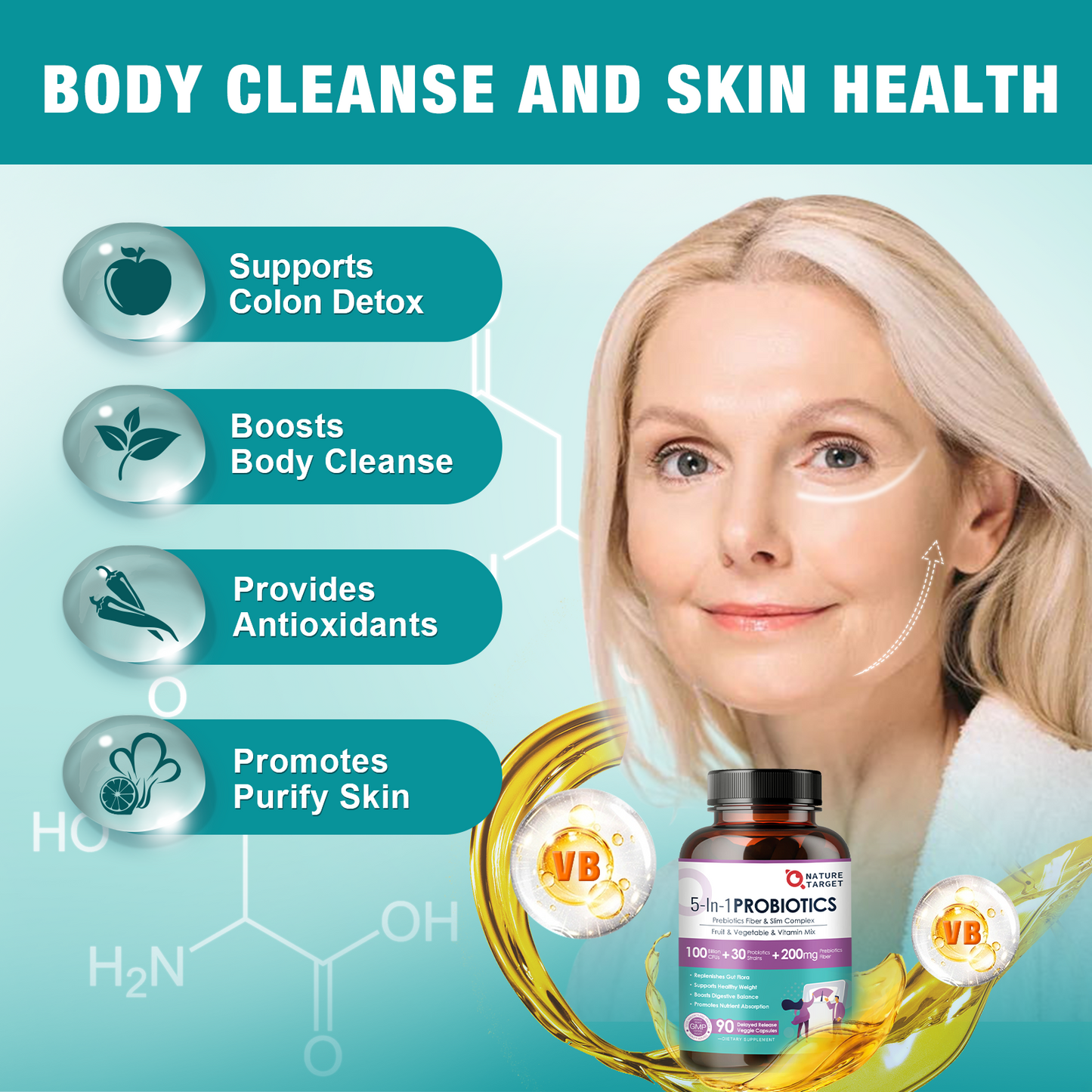 NATURE TARGET 5 in 1 Probiotics for Women-Men 100 billion CFUs with Prebiotics - 90 Veggie Capsules