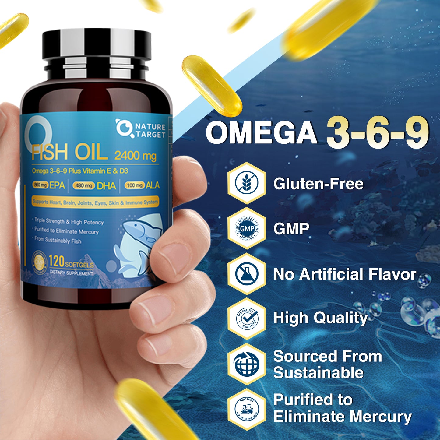 NATURE TARGET Fish Oil 2400mg Triple Omega 3 -6 - 9 with Vitamin D3 & E - EPA & DHA & ALA -120 Softgels