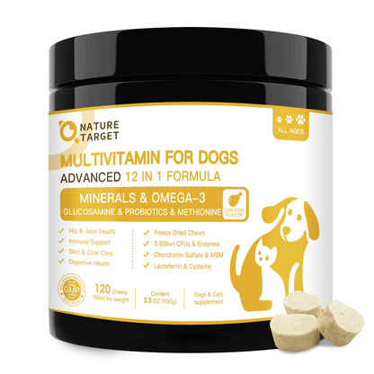 NATURE TARGET Dog Multivitamins with Minerals, Probiotics, Glucosamine, Enzymes for Immune, Digestive, Joint, Hip, Skin & Coat Health - 120 Chews