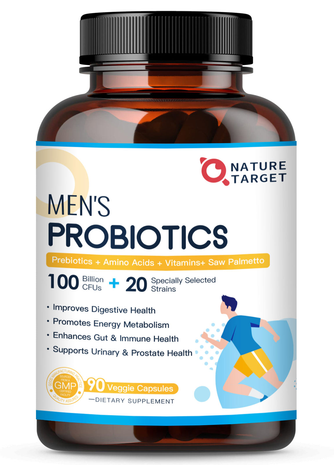 NATURE TARGET Men Probiotics 100Billion CFU with Enzymes PrebioticsSaw Palmetto and Cranberry -90 Veggie Capsules