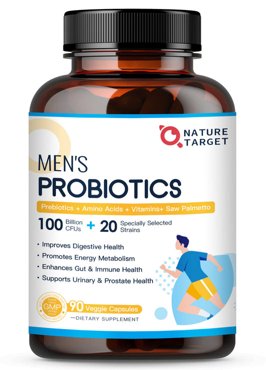 NATURE TARGET Men Probiotics 100Billion CFU with Enzymes PrebioticsSaw Palmetto and Cranberry -90 Veggie Capsules