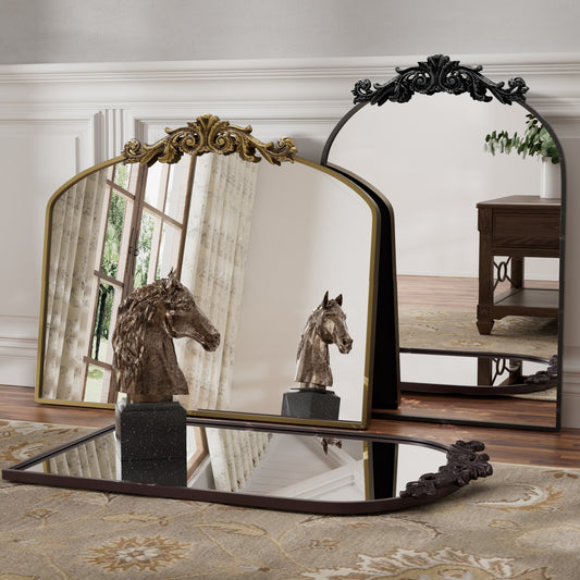 PAIHOME Vintage Arched Wall Mirror with Baroque Carving - Thin Frame Antique Mirror for Living Room, Hallway, and Bathroom Decor