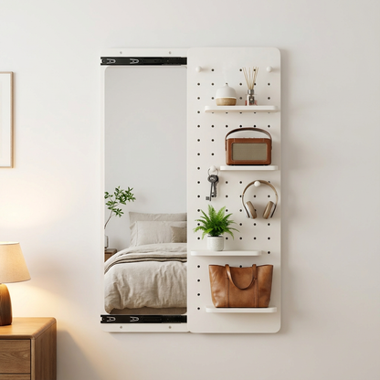 Sliding Door Full-Length Mirror with Pegboard Hooks, Multifunctional Wall-Mounted Organizer Mirror - PAIHOME