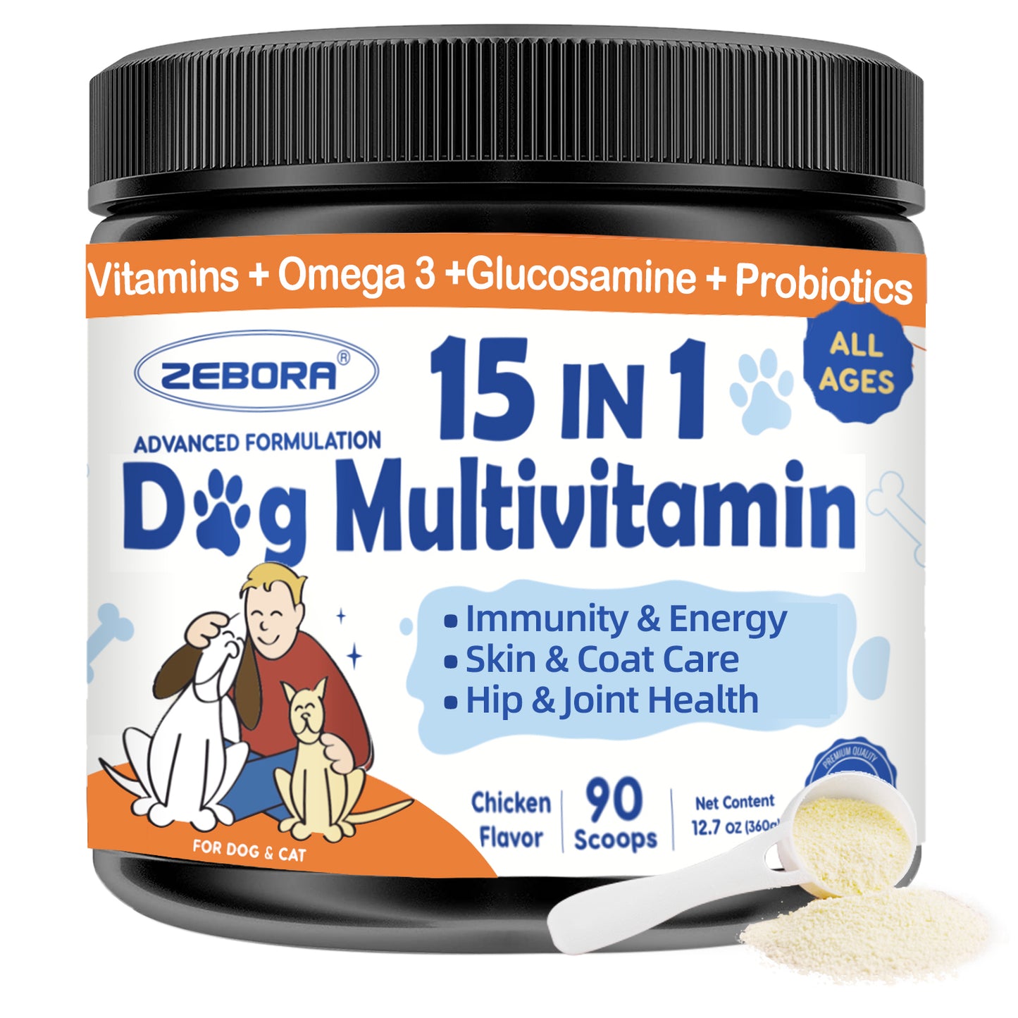 ZEBORA Dog Multivitamin Powder with Glucosamine, Omega-3 & Probiotics – Supports immunity, skin/coat, allergy relief & digestive health – 90 scoops