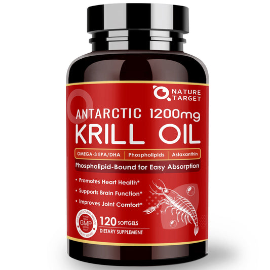 NATURE TARGET Krill Oil 1200mg – Heart/Brain/Joint Health – Omega-3 EPA/DHA, Phospholipids, Astaxanthin, Choline – 120 Softgels/60 Servings