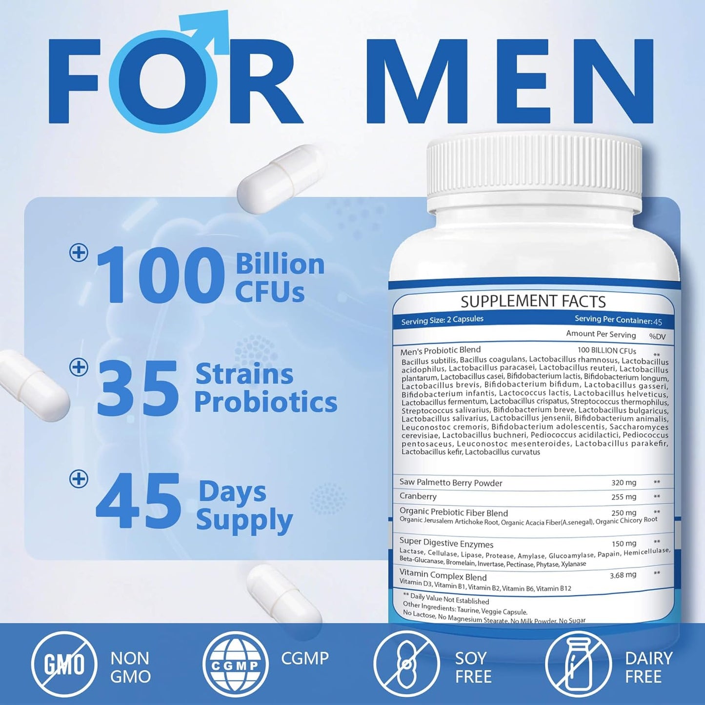ZEBORA Probiotics for Men 100 Billion CFU - Probiotics & Prebiotics & Enzymes - 90 Veg Capsules