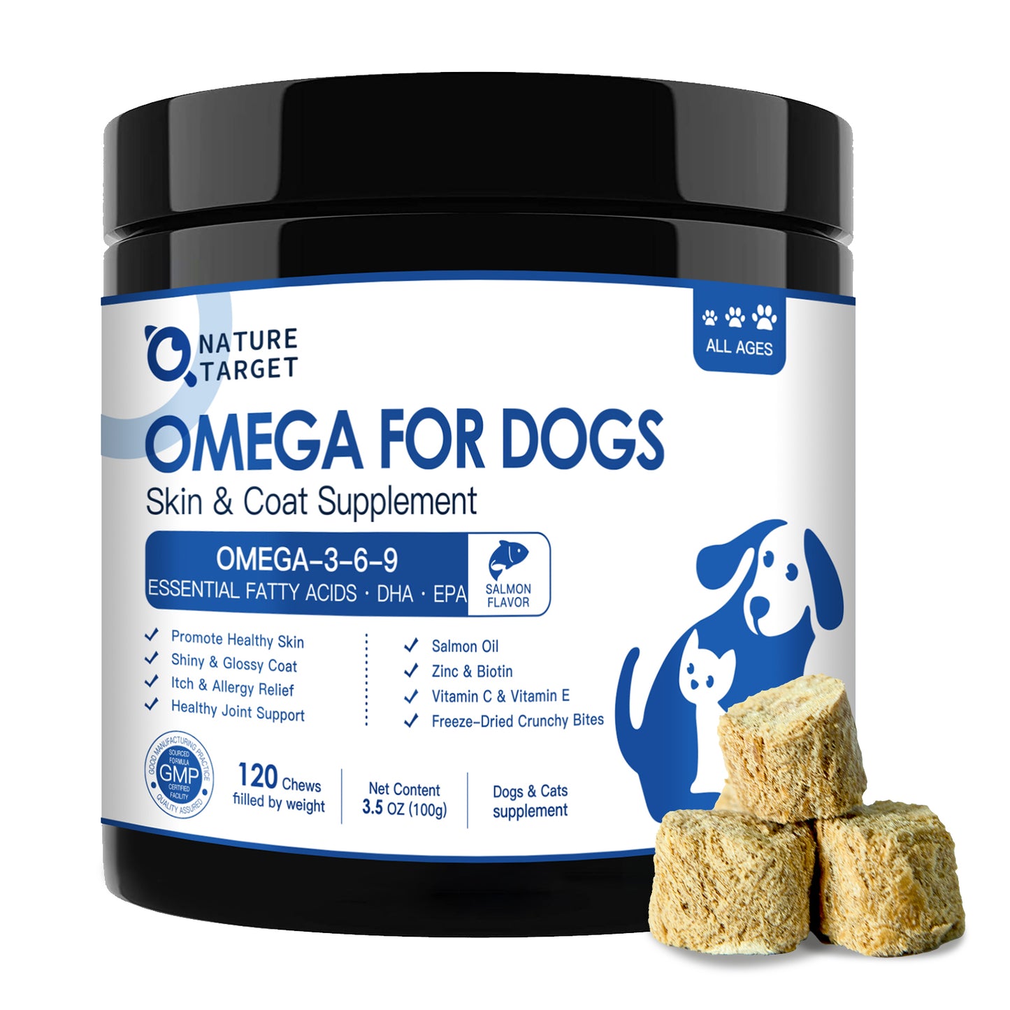NATURE TARGET Dog Omega-3 Fish Oil (Salmon Oil) with EPA/DHA for Skin/Coat, Itch/Allergy Relief, Anti-Shedding, Hot Spots, Hip & Joint Support, 120ct