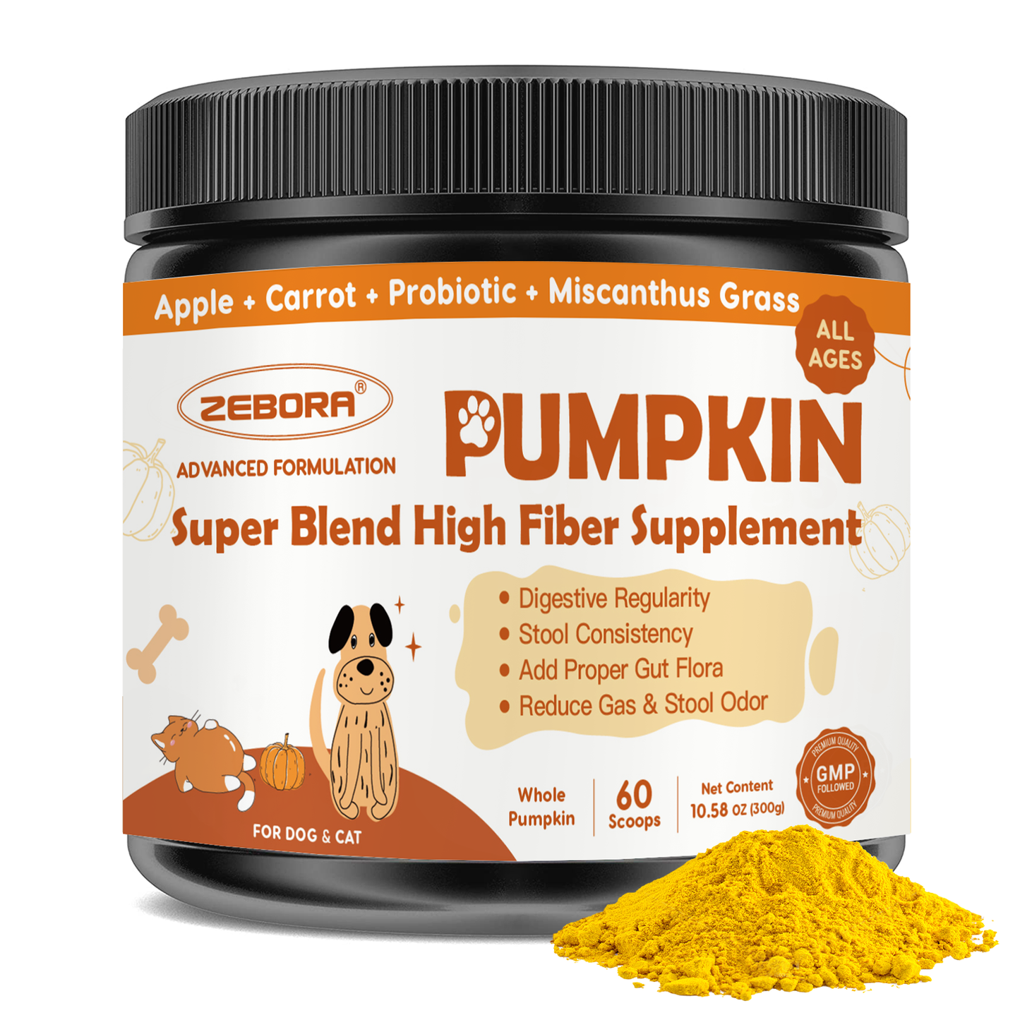 ZEBORA Pumpkin for Dogs – Natural fiber with apple & probiotics, supports digestion, firm stool, diarrhea & constipation. Add water to make puree - 60 Scoops