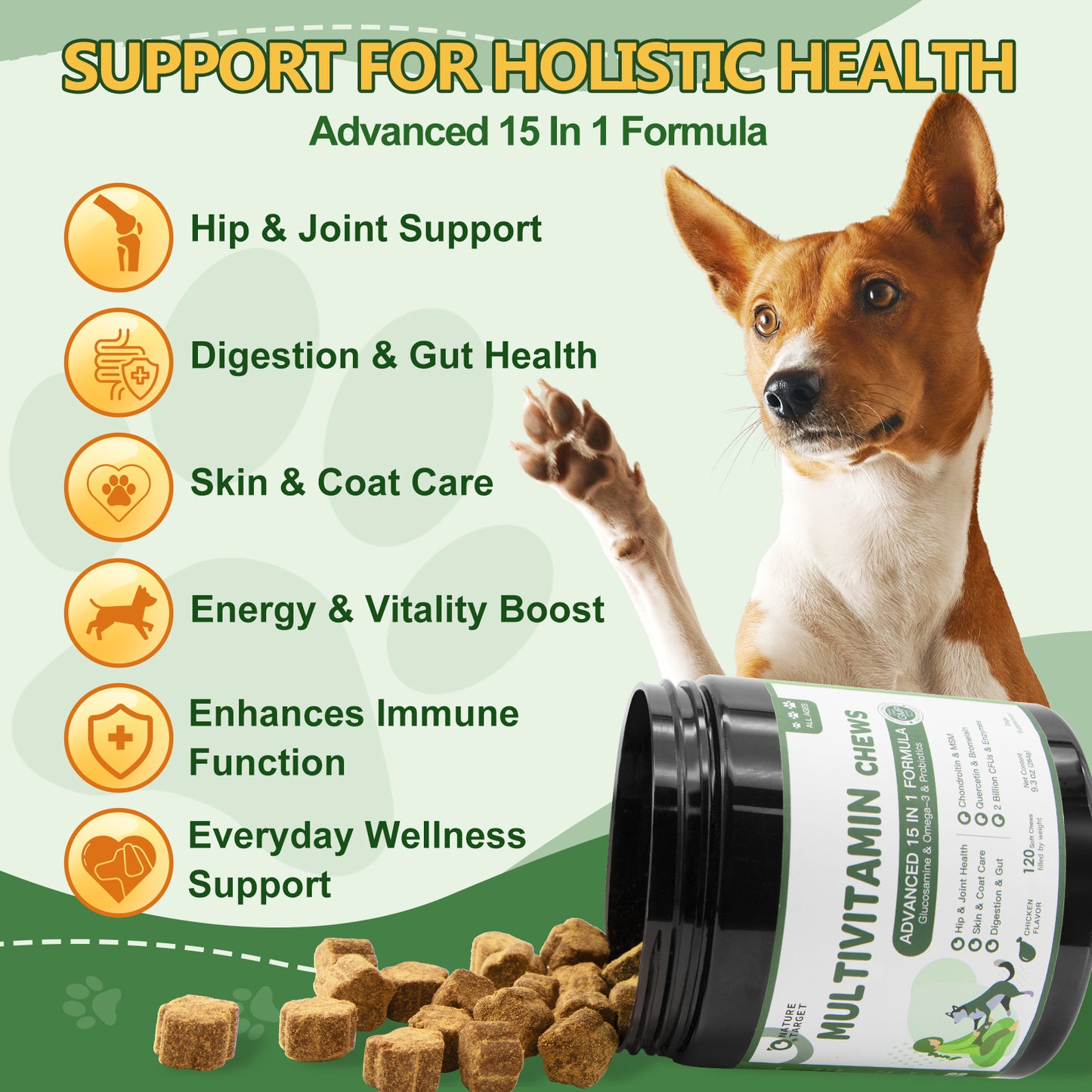 NATURE TARGET Dog Multivitamin with MSM, Glucosamine, Omegas 3&6, Probiotics for Joints, Digestion, Skin/Coat, Immunity & Overall Health - 120 Chews