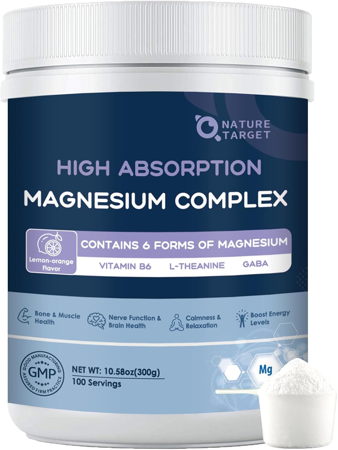 NATURE TARGET Magnesium Supplement Powder for Muscle, Nerve, Bone & Heart Support with Glycinate/Citrate/Malate, L-Theanine - Lemon Orange - 10.58oz