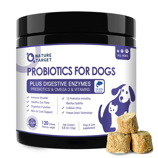 NATURE TARGET Dog Probiotics - 6B CFUs for Digestive Health, Prebiotics, Enzymes, Omega 3 & Vitamins for Skin & Coat, Salmon-Flavored, 120ct