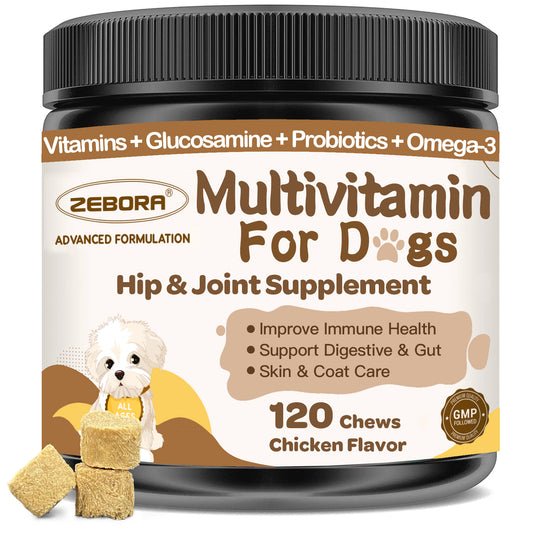 ZEBORA Dog Multivitamin with Probiotics – Supports digestion, immunity, joints, skin & coat. Contains glucosamine, omega 3, probiotics – 120 chews