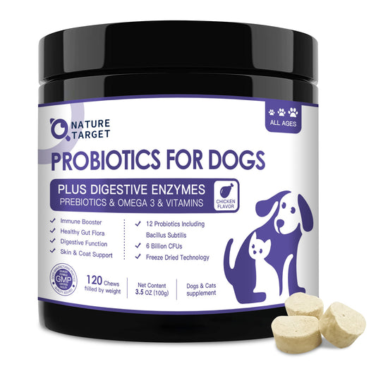 NATURE TARGET Dogs Probiotics 6 Billion CFUs for Digestive Health with Prebiotic, Digestive Enzymes, Omega 3 and Vitamins, Salmon Flavored - 120ct