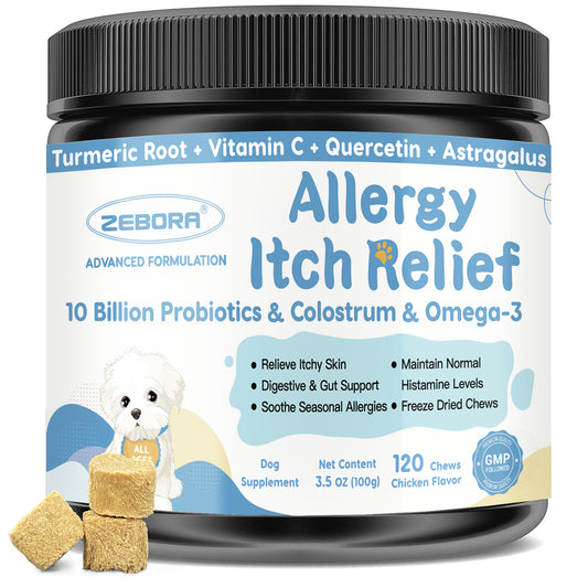 Dog Allergy Relief Chews, with Probiotics, Omega 3, Colostrum - Dog Itching Skin & Ears Relief, Herbal Skin & Coat Supplement, Gut & Immune Support, Hot Spot Treatment, Anti Seasonal Allergies