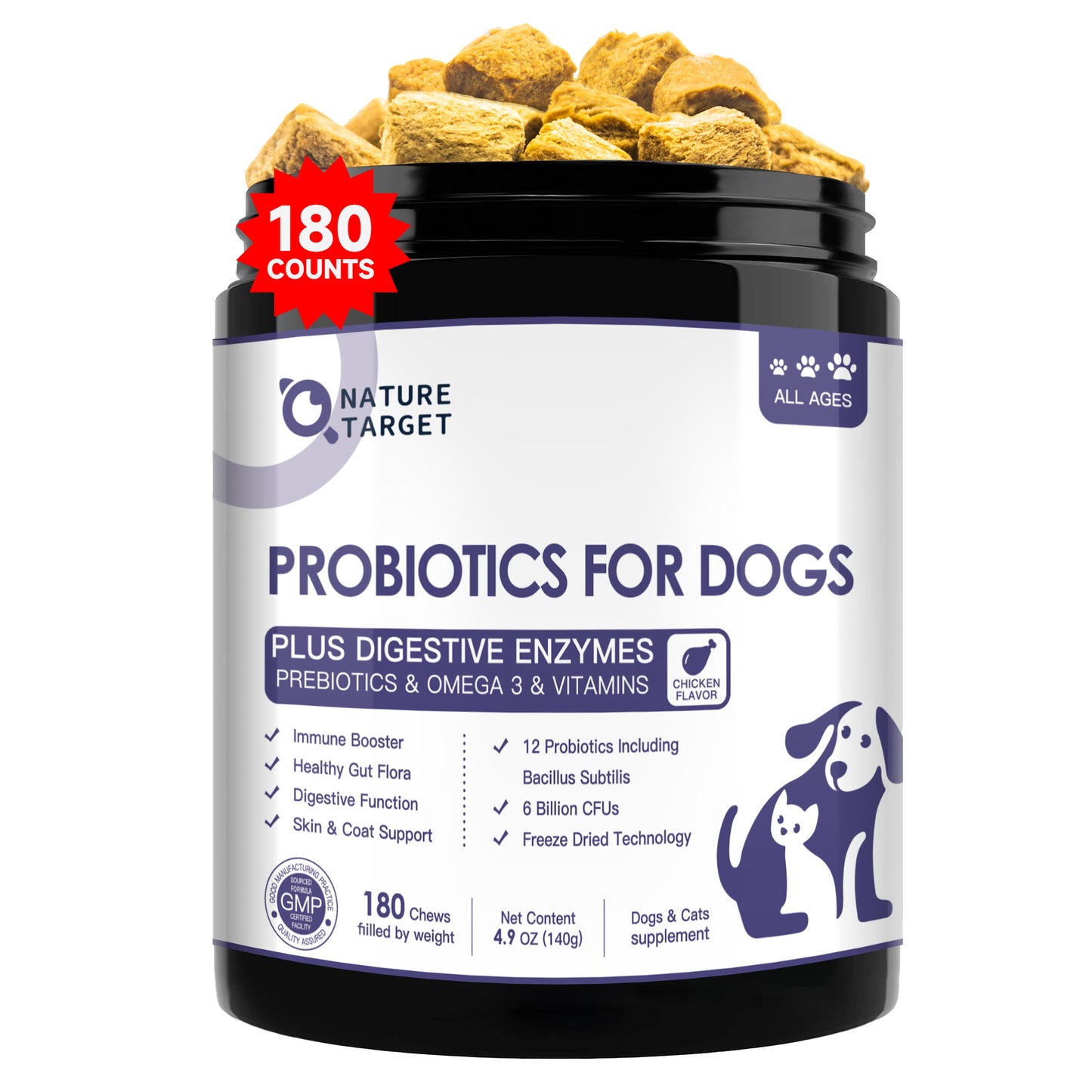 NATURE TARGET Probiotics for Dogs with 6B CFUs, Prebiotics & Enzymes. Helps relieve diarrhea, gas, and allergy itch. Supports skin & immune health with Vitamins & Omega 3 - 180ct