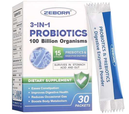 ZEBORA  Probiotics for Women & Men - 100 Billion Plus Digestive Enzymes & Prebiotics, Highest Potency 3-in-1 -  30 packets