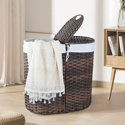 Woven Divided Laundry Hamper with Flip Lids and Removable Machine-Washable Liners - 2-Compartment Rattan-Style Basket for Bathroom, Bedroom, or Small Spaces