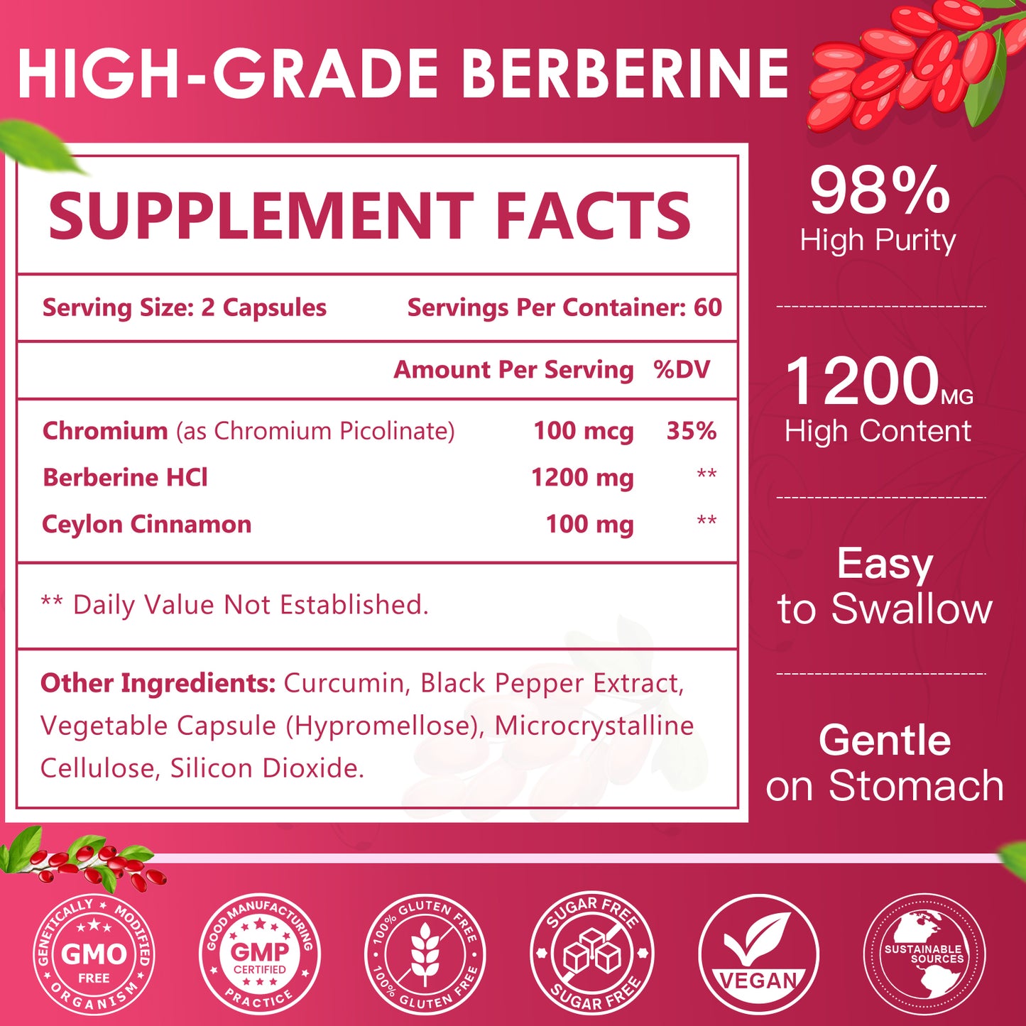 NATURE TARGET Berberine HCl 1200mg: + Ceylon Cinnamon, Chromium – Supports Immune, GI & Digest Hlth, Non-GMO – 120 Caps
