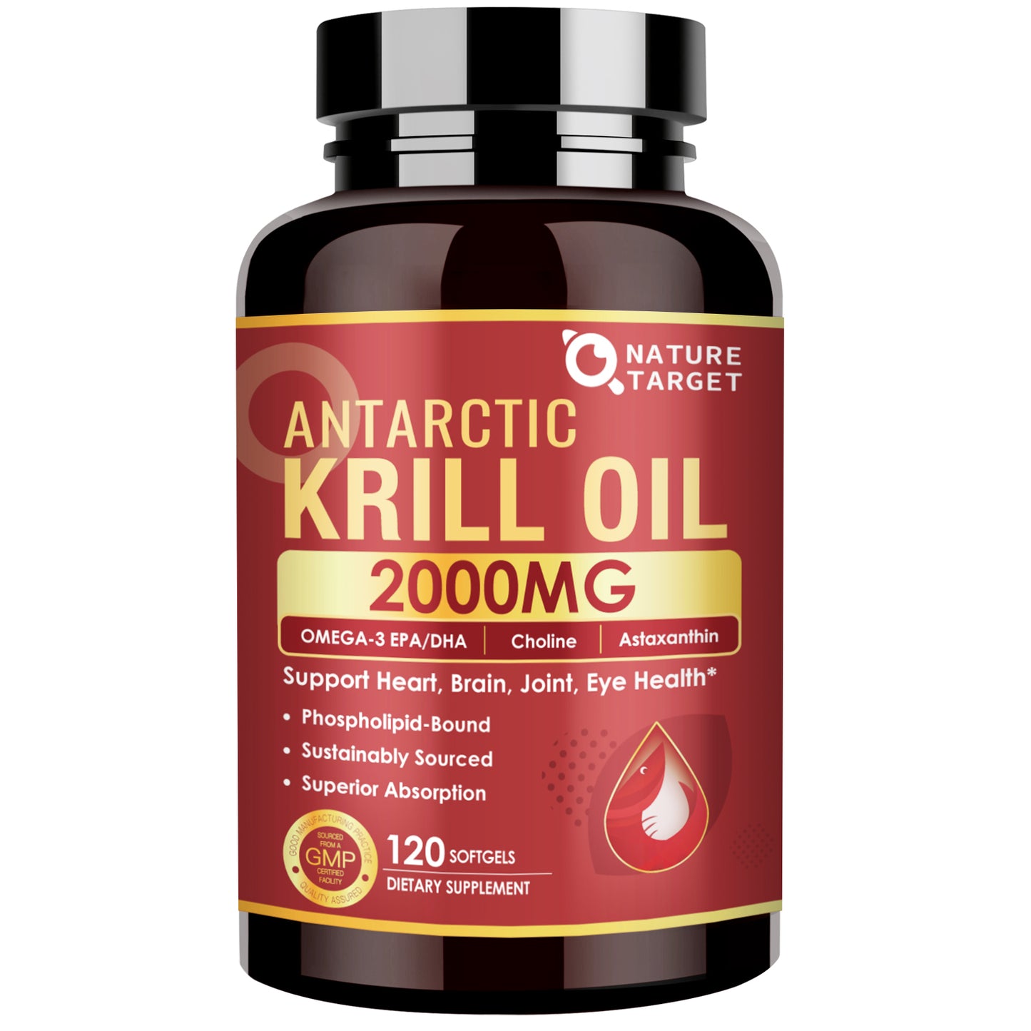 NATURE TARGET Krill Oil 2000 mg with Omega-3 EPA & DHA with Astaxanthin Supplement, Choline - 120 Softgels (60 Servings)