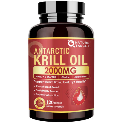 NATURE TARGET Krill Oil 2000 mg with Omega-3 EPA & DHA with Astaxanthin Supplement, Choline - 120 Softgels (60 Servings)