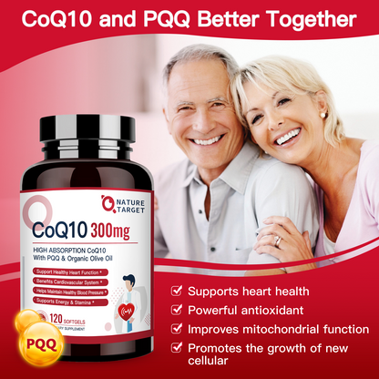 Nature Target CoQ10 300mg+PQQ, Olive Oil, High Absorption, Heart & Immune Support, Energy Production - 120 Servings
