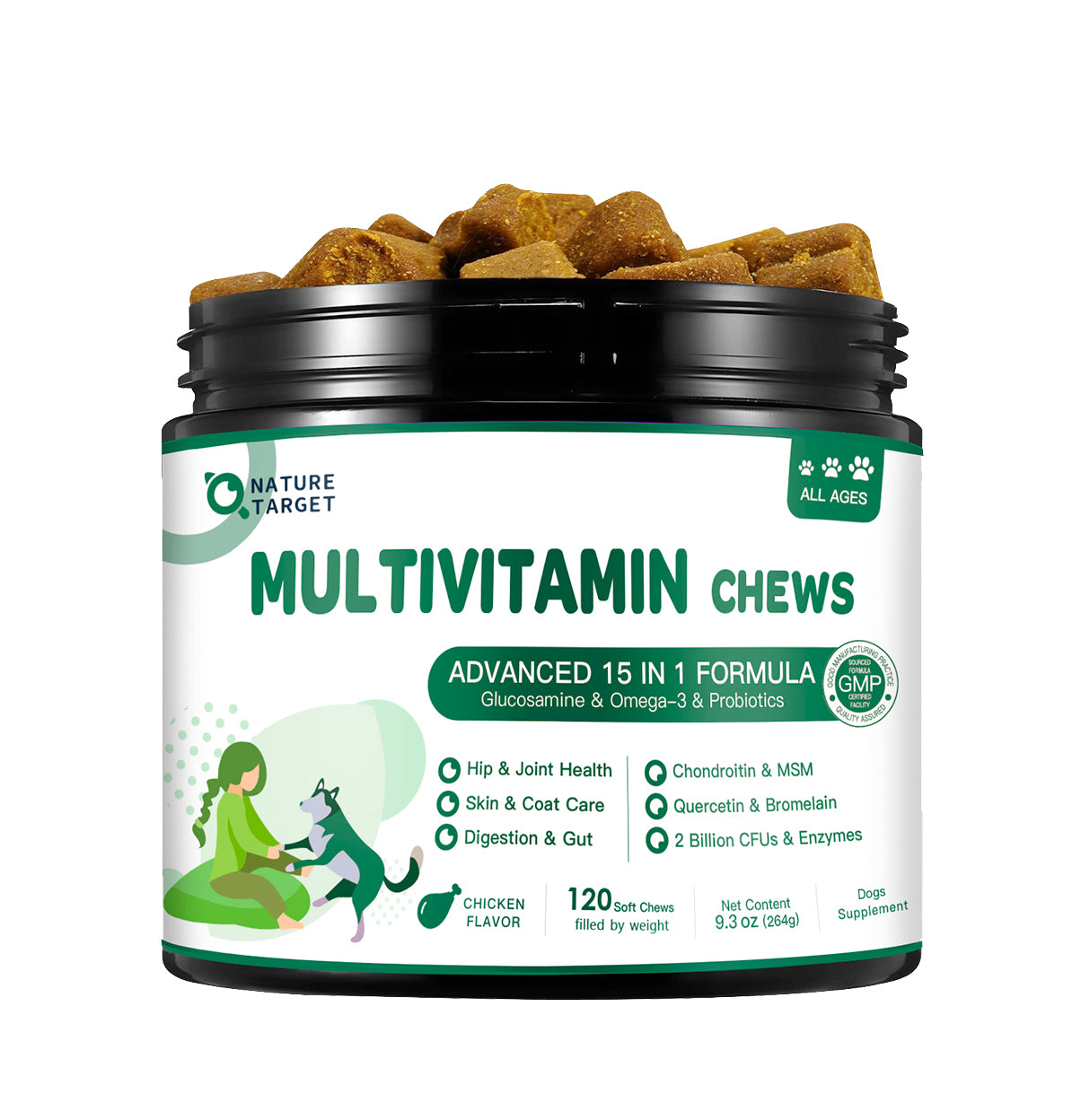 NATURE TARGET Dog Multivitamin with MSM, Glucosamine, Omegas 3&6, Probiotics for Joints, Digestion, Skin/Coat, Immunity & Overall Health - 120 Chews