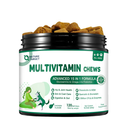 NATURE TARGET Dog Multivitamin with MSM, Glucosamine, Omegas 3&6, Probiotics for Joints, Digestion, Skin/Coat, Immunity & Overall Health - 120 Chews
