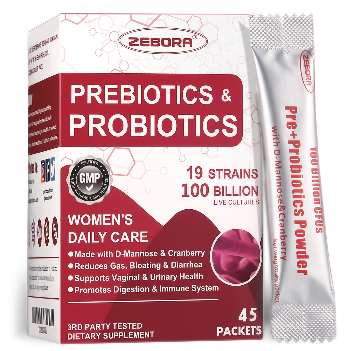 ZEBORA Women's Probiotic 100 Billion CFUs with Prebiotics, D-Mannose & Cranberry - 45 Packets