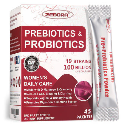 ZEBORA Women's Probiotic 100 Billion CFUs with Prebiotics, D-Mannose & Cranberry - 45 Packets