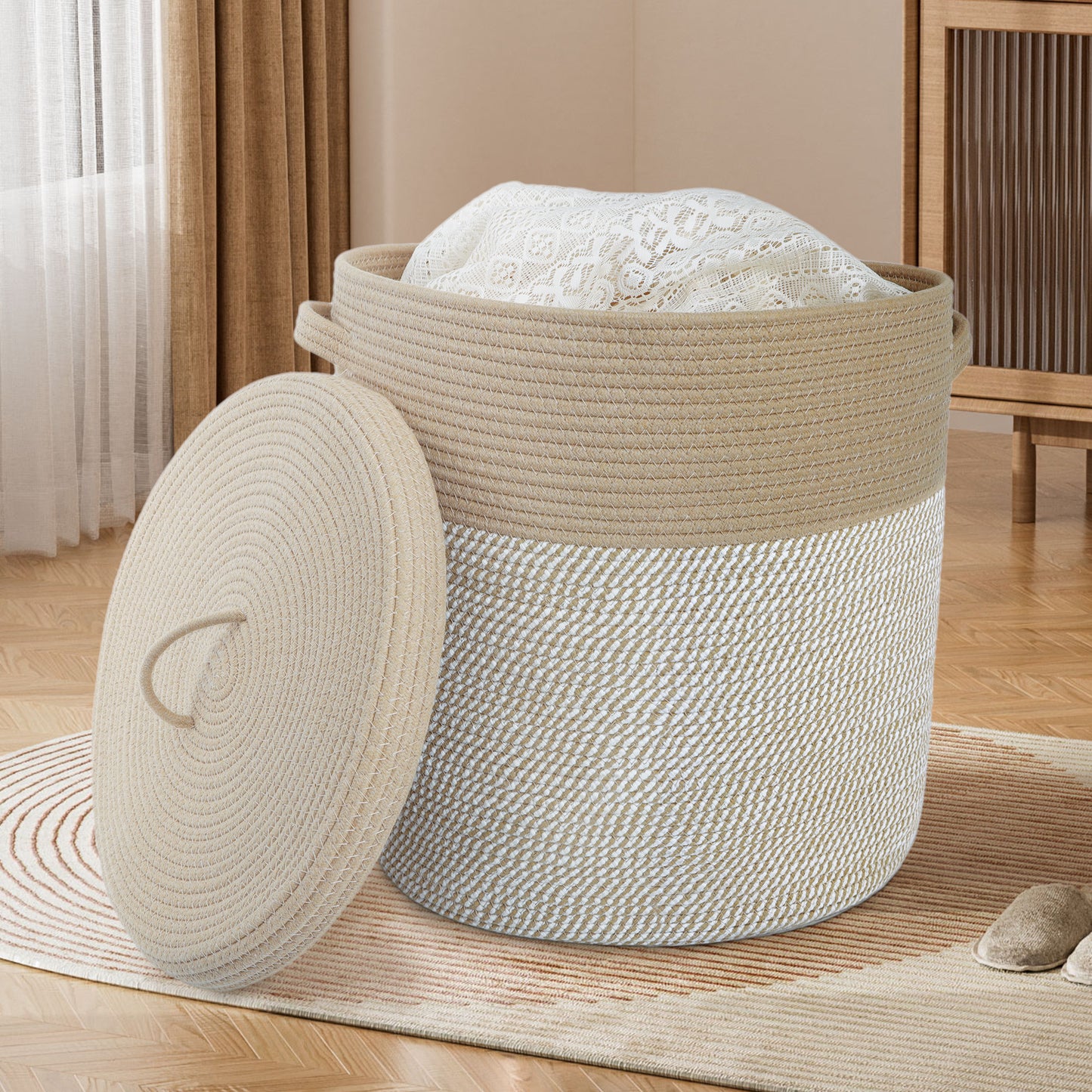 Woven Cotton Rope Storage Basket with Lid - Large Versatile Woven Hamper for Laundry, Blankets, Toys, and Home Organization