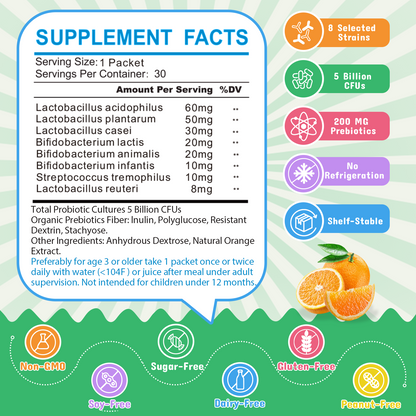 ZEBORA Kids Probiotic & Prebiotics Powder (Age 3+): 5B CFUs, 8 Strains, Org Preb, Orange Ext – Supports Dig/Imm/Resp Health, Reduces Constip – 30Pkts