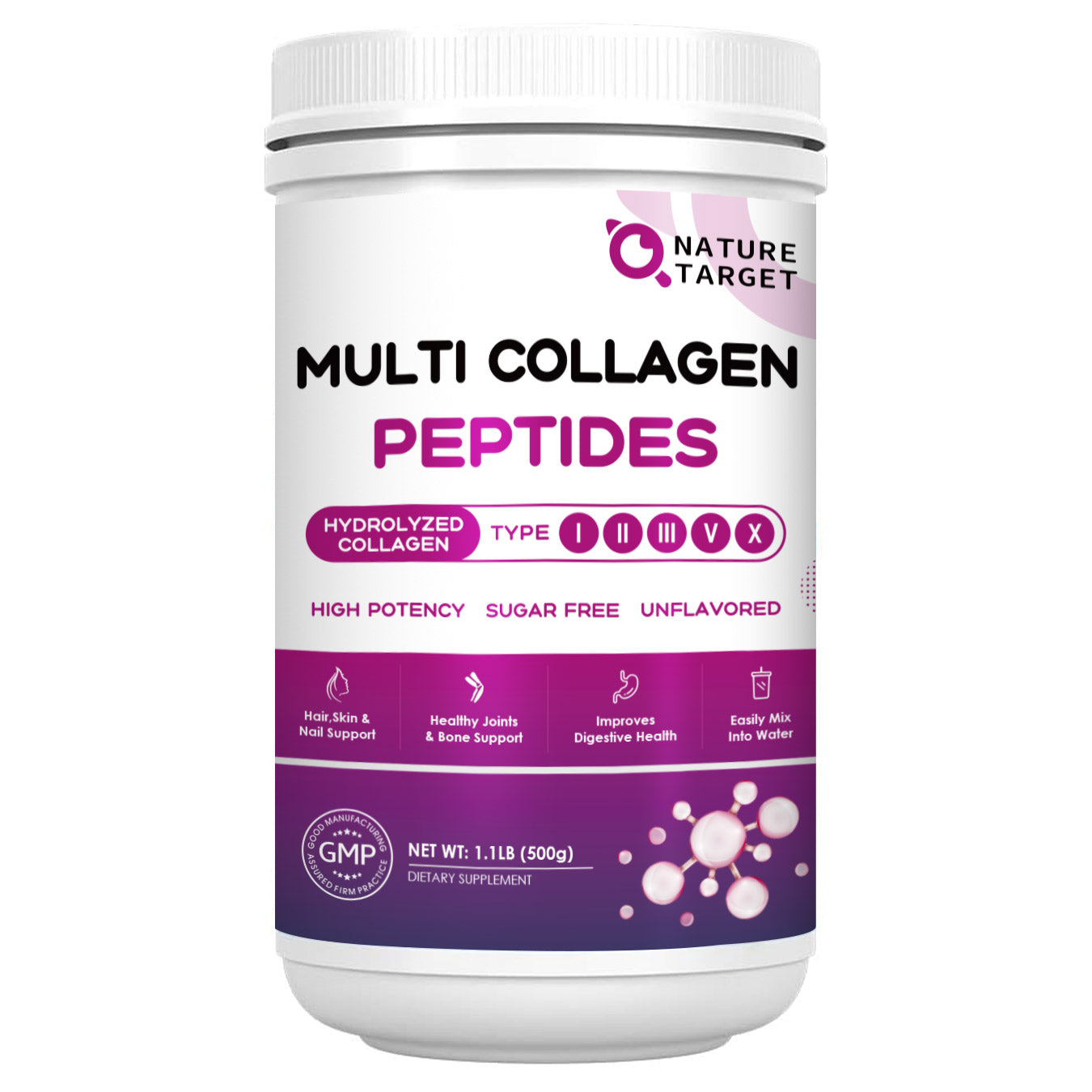 NATURE TARGET Multi Collagen Peptides Powder - Type I, II, III, V, X - Hydrolyzed Collagen Peptides with Vitamin C Hyaluronic Acid - 50 Servings