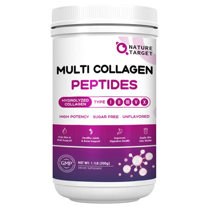 NATURE TARGET Multi Collagen Peptides Powder - Type I, II, III, V, X - Hydrolyzed Collagen Peptides with Vitamin C Hyaluronic Acid - 50 Servings