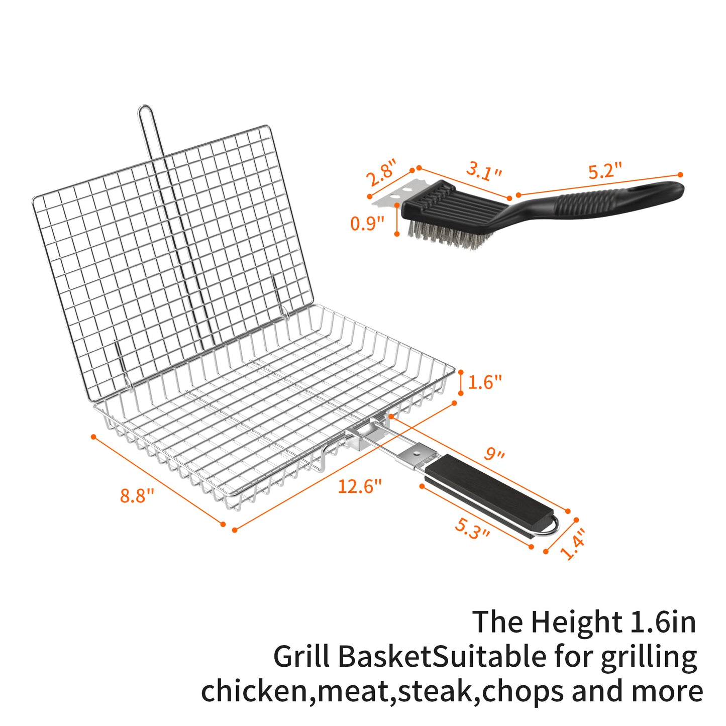 PAIHOME Stainless Steel BBQ Grill Basket with Cleaning Brush, Locking Non-Stick Grilling Tool for Ingredients, Outdoor Barbecue Accessories
