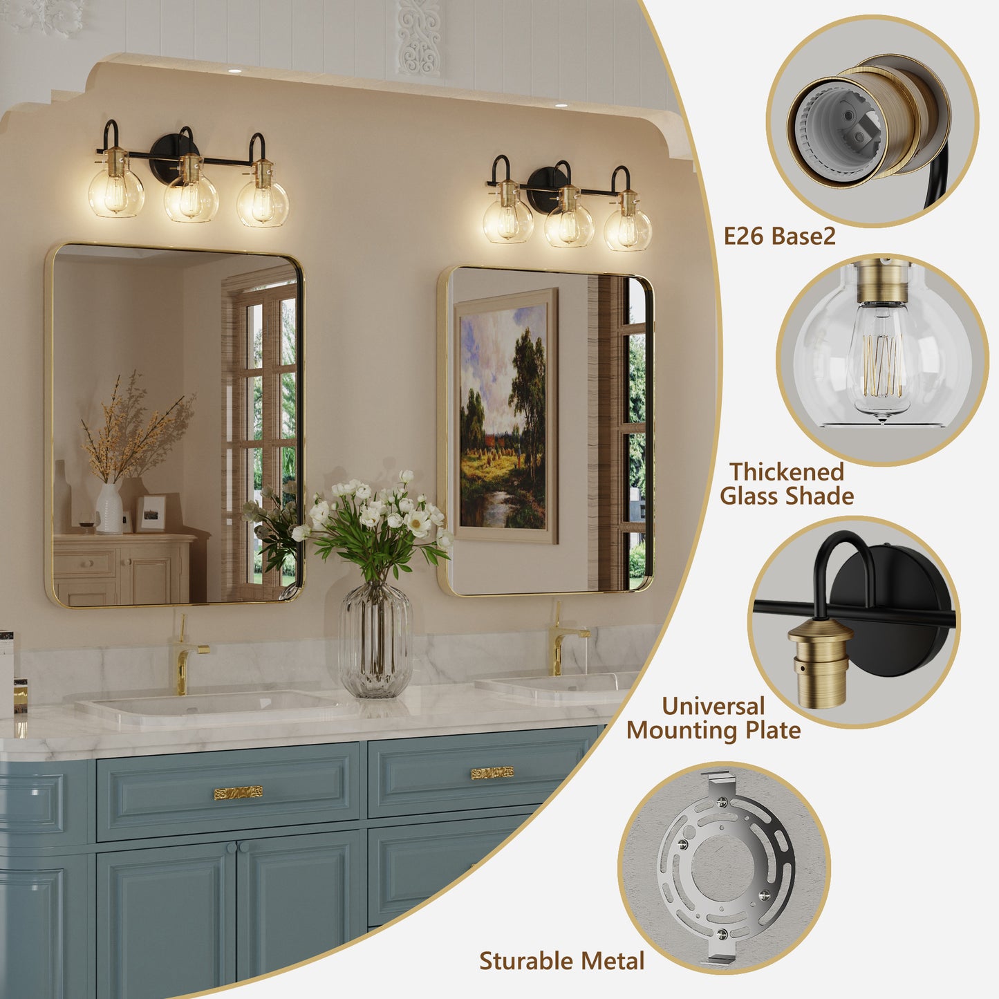 PAIHOME Vanity Wall Sconce, Wall Lights with Globe Glass Shade for Bedside, Rustic Bathroom Light Fixtures over Mirror, E26 Base