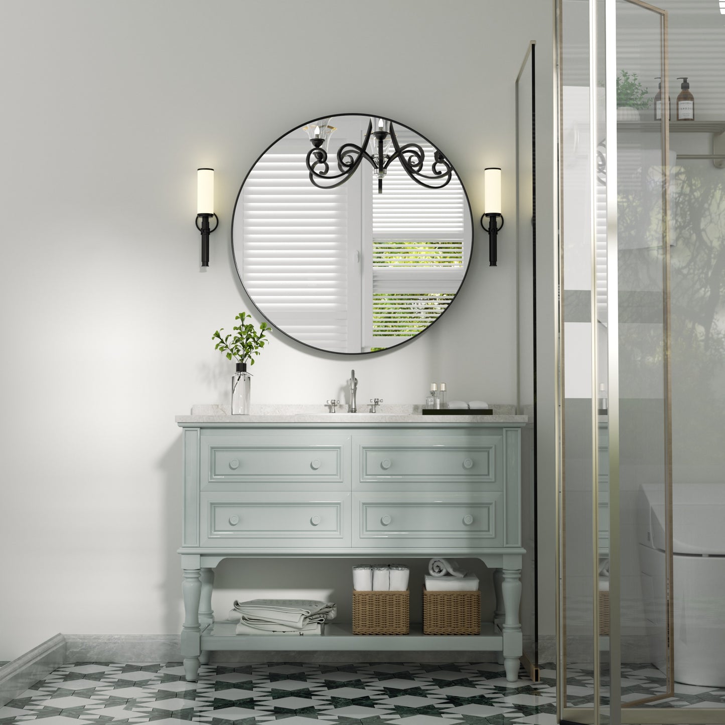 18" Round Wall Mirror Black, Circle Mirror for Wall Decor, Bathroom Mirror Metal Frame - PAIHOME