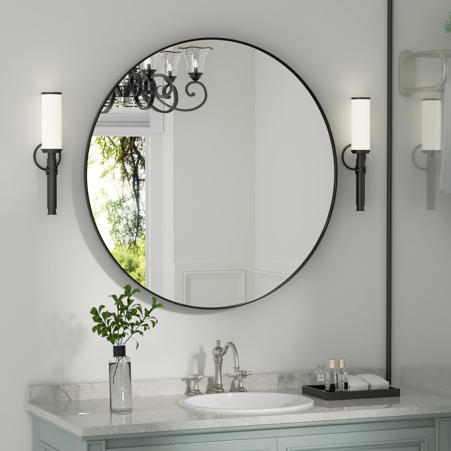 18" Round Wall Mirror Black, Circle Mirror for Wall Decor, Bathroom Mirror Metal Frame - PAIHOME