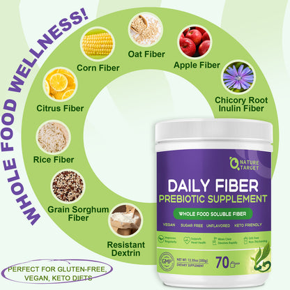 NATURE TARGET Daily Fiber Supplement: Soluble Prebiotic Fiber, Whole Food, GF/SF Free, Keto – Supports Gut/Digestive Health, Regularity – 70 Servings