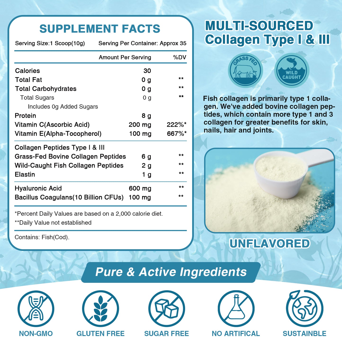 NATURE TARGET 2 jars Marine Collagen Peptides Powder - Type I III Collagen with Probiotics, Vitamin C & Hyaluronic Unflavored